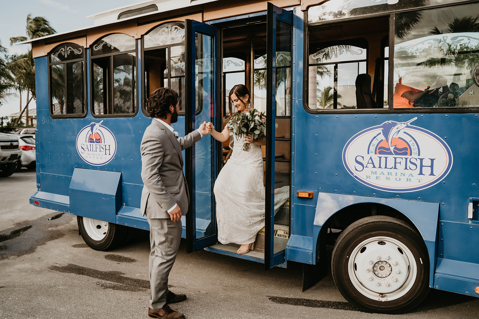 Waterfront Sailfish Marina Trolley Wedding Portraits
