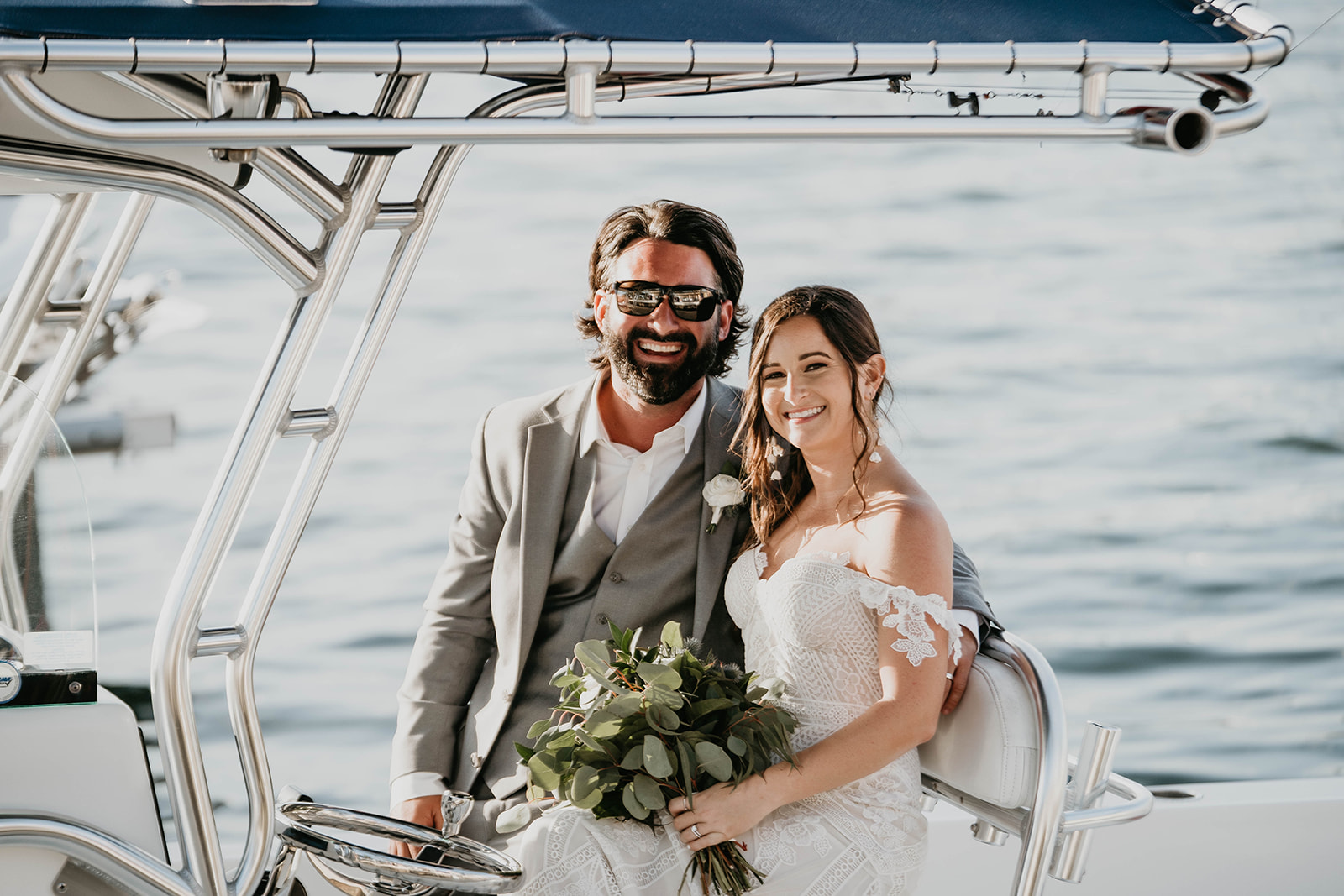 Waterfront Boat Bride and Groom Wedding Portraits