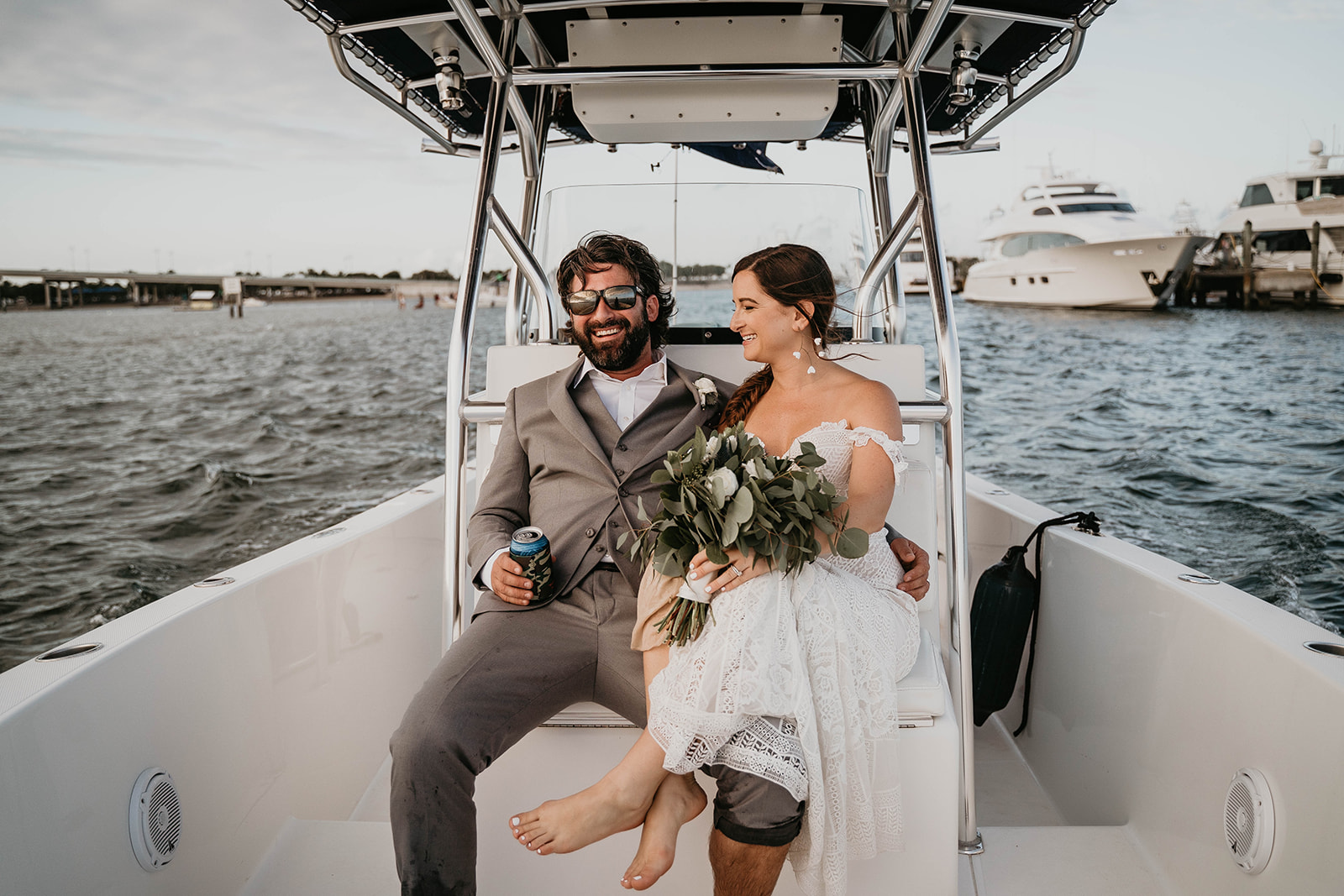 Waterfront Boat Bride and Groom Wedding Portraits