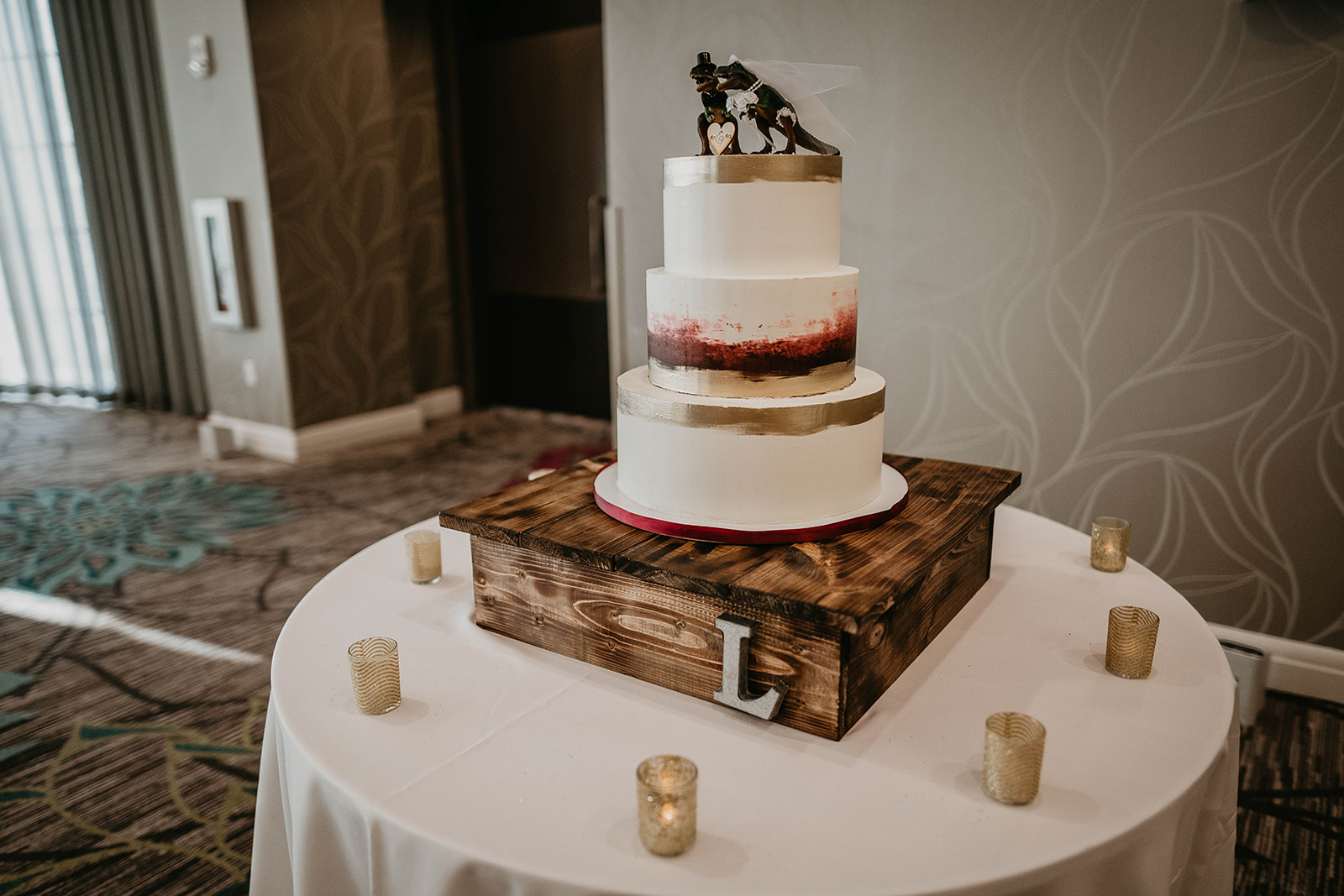 Classic Ballroom Wedding Reception Photography Dinosaur Cake