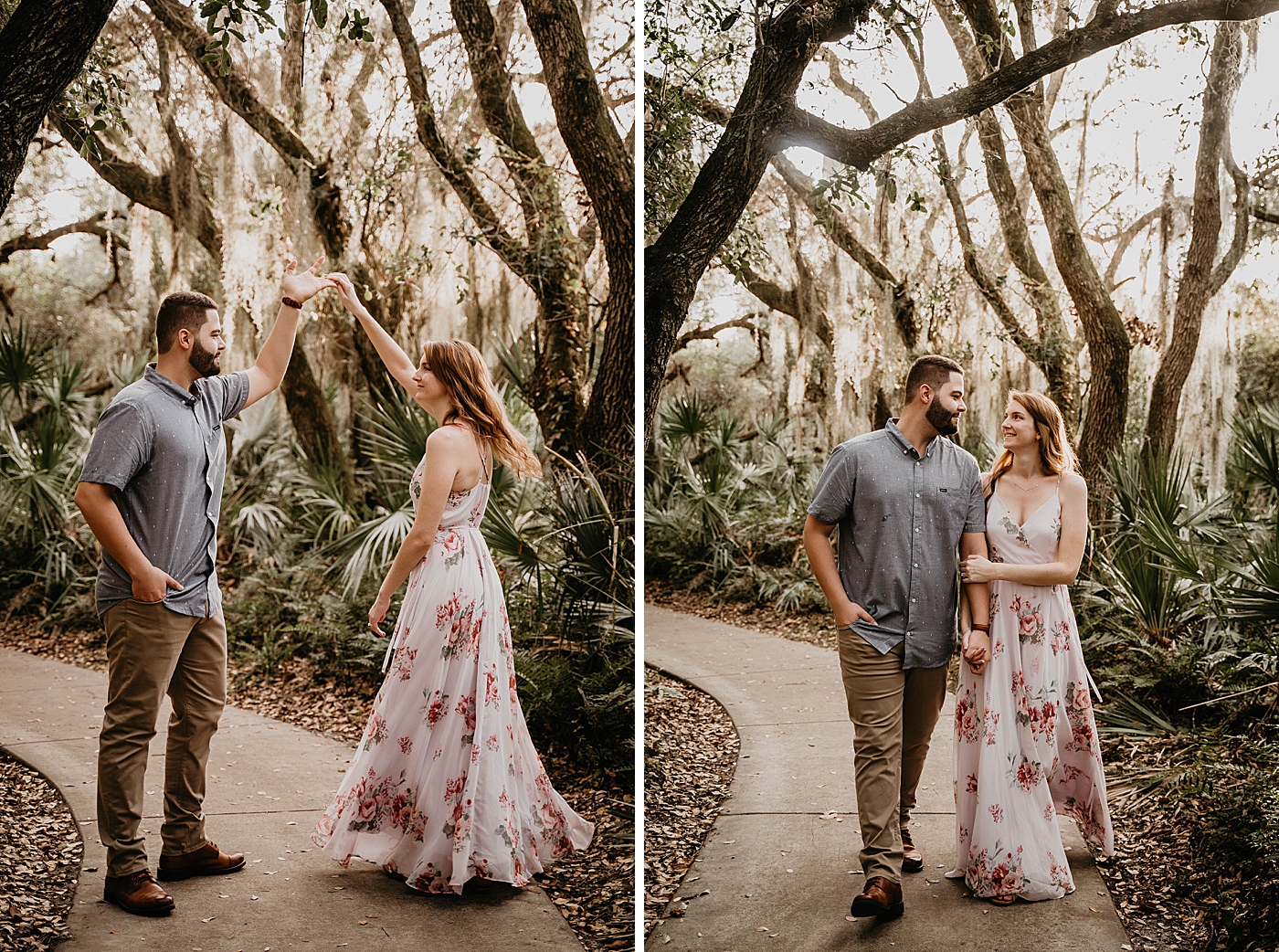 Couple pirouette Delray Oaks Engagement Photography captured by South Florida Engagement Photographer Krystal Capone Photography