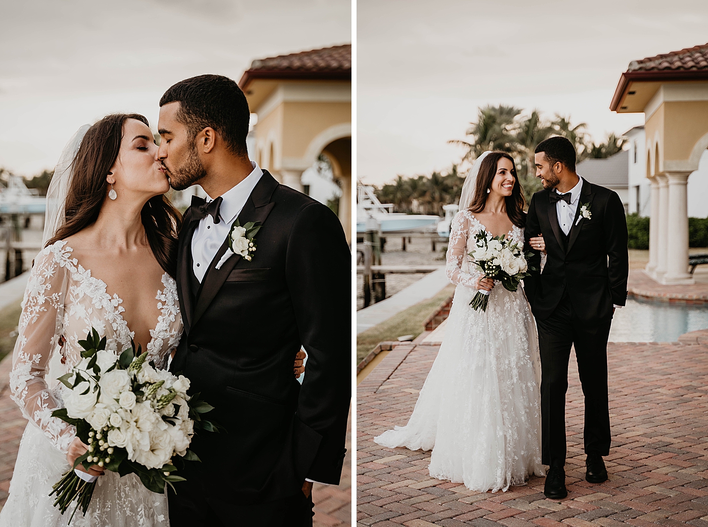 Bride and Groom kissing with white floral bouquet Intimate Home Wedding captured by South Florida Wedding Photographer Krystal Capone Photography