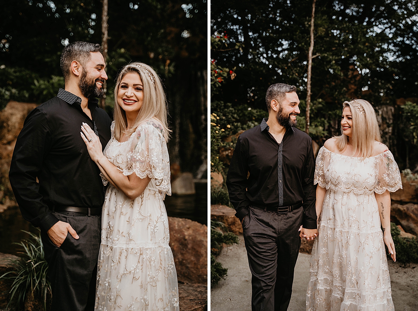 Happy Couple holding each other with greenery Morikami Museum and Japanese Gardens Engagement Photography captured by Krystal Capone Photography