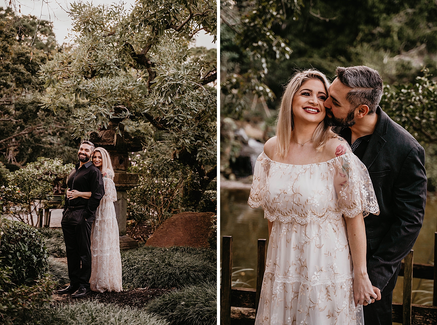 Couple holding each other with greenery Morikami Museum and Japanese Gardens Engagement Photography captured by Krystal Capone Photography
