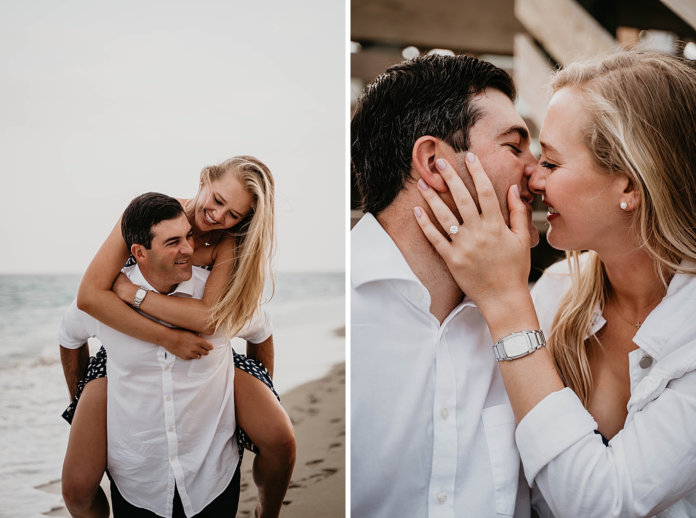 Couple piggy backing on the beach Palm Beach Engagement Photography captured by South Florida Engagement Photographer Krystal Capone Photography 