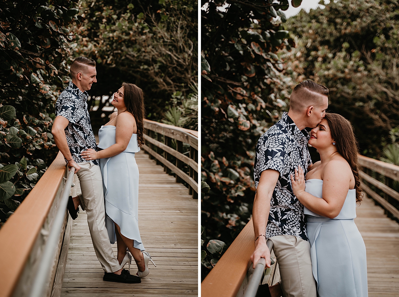Couple holding each other on boardwalk South Florida Beach Photography captured by Krystal Capone Photography