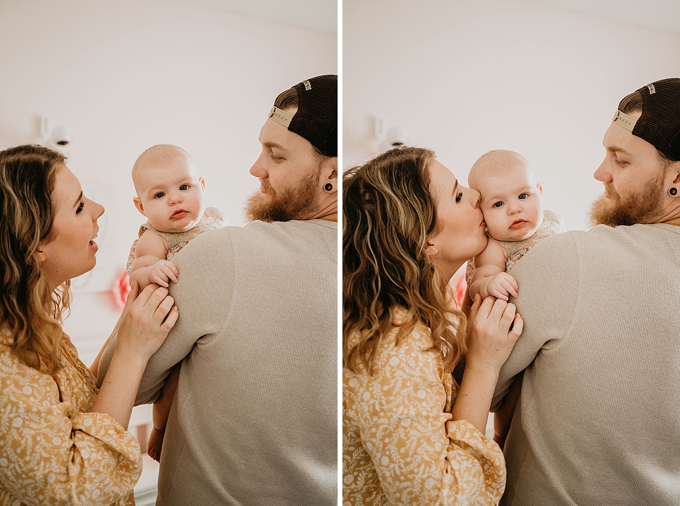 Dad holding Baby with Mom kissing Baby At Home South Florida Family Photography captured by South Florida Family Photographer Krystal Capone Photography 