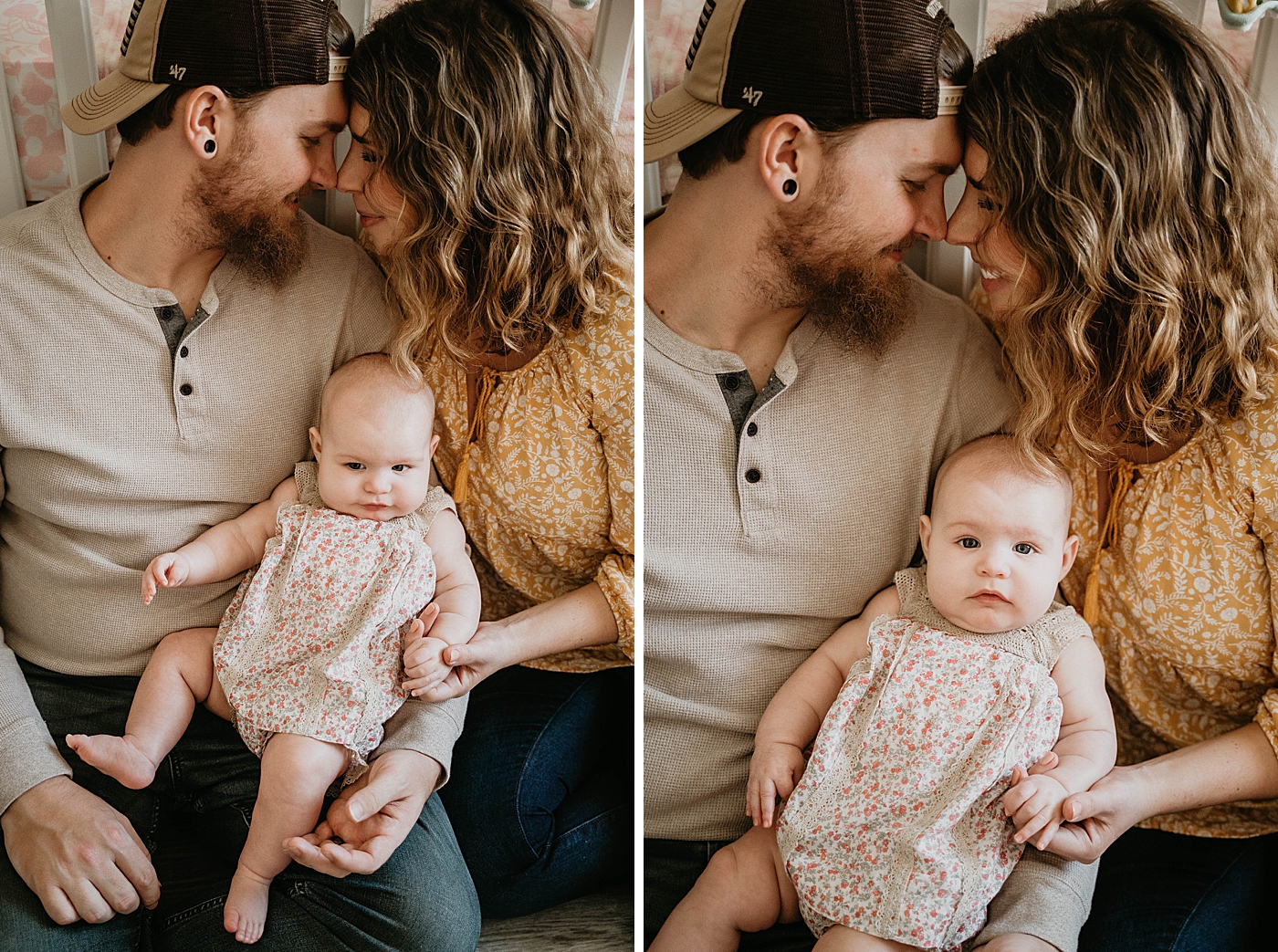 Mom and Dad nuzzling with Baby in Dad's lap holding Mom's hand At Home South Florida Family Photography captured by South Florida Family Photographer Krystal Capone Photography 