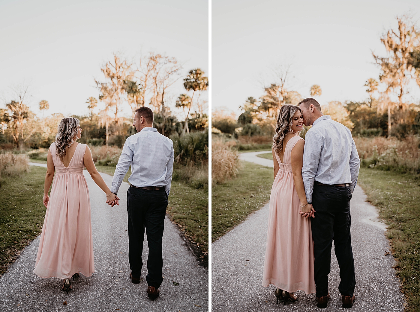 Couple walking down path with palm trees Riverbend Park Engagement Photography captured by South Florida Engagement 