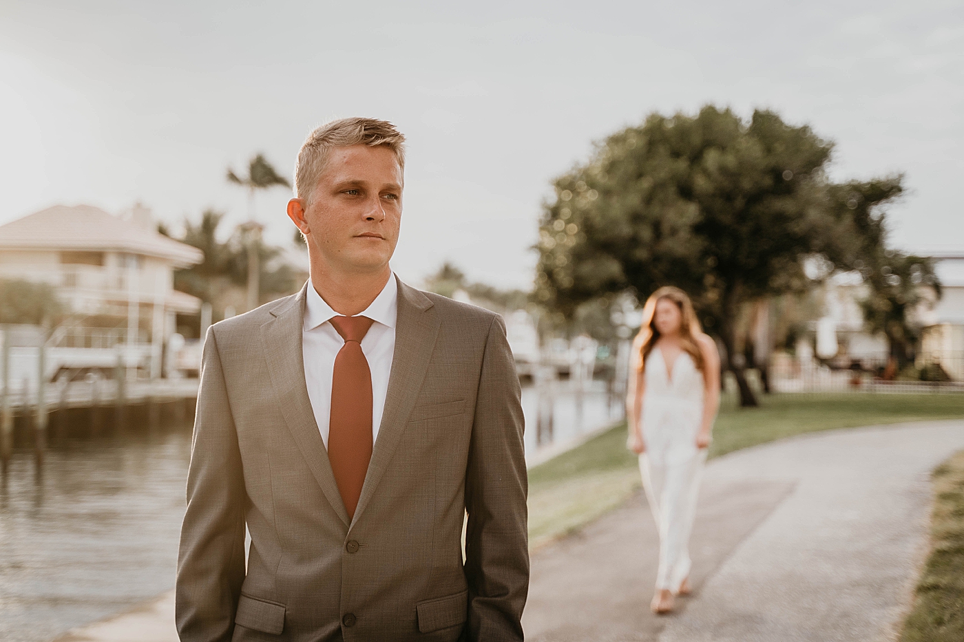 First look with Bride walking towards Groom from behind South Florida Elopement Photography captured by Krystal Capone Photography