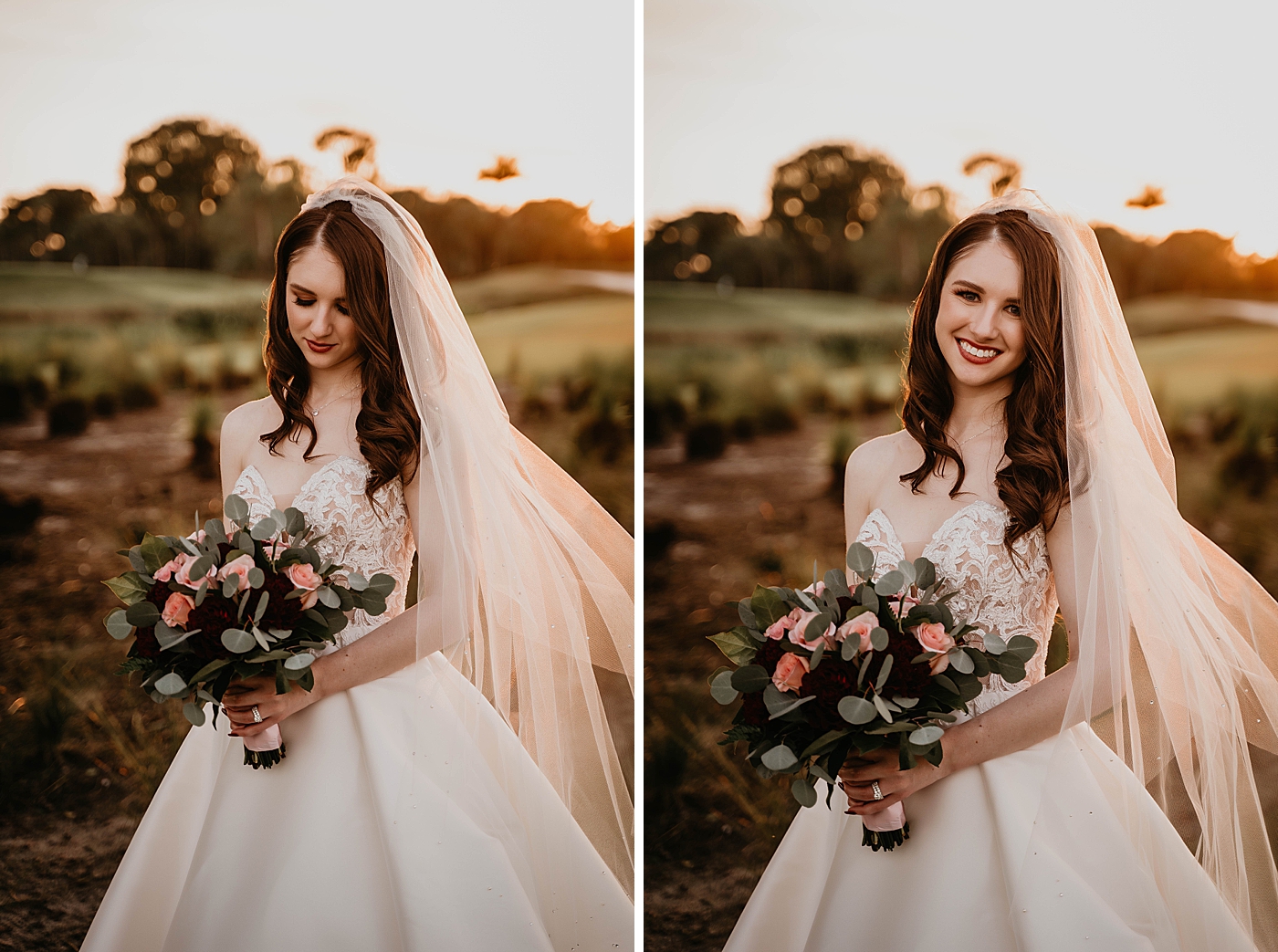 Sunset Bride portraits with red accent bouquet Breakers West Wedding Photography captured by South Florida Wedding Photographer Krystal Capone Photography 