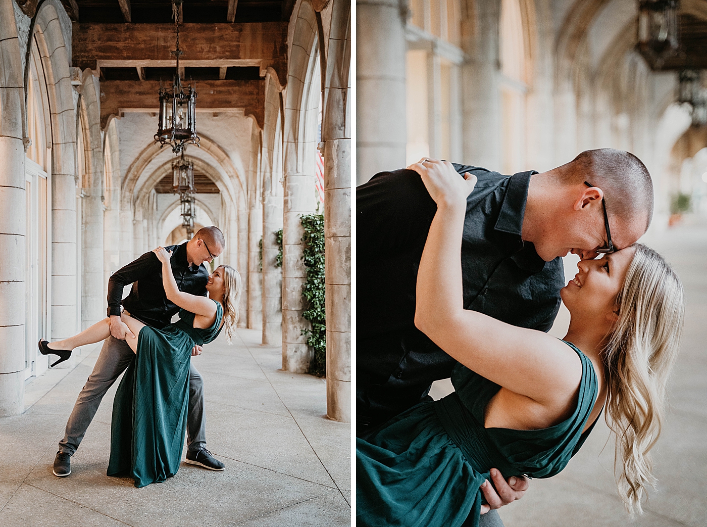 Couple dipping in breezeway Worth Ave Engagement Photography captured by Engagement Photographer Krystal Capone Photography