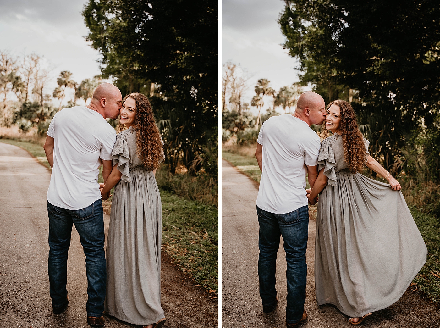 Man kissing lady as they walk on park path Romantic Riverbend Park Engagement Photography captured by South Florida Photographer Krystal Capone Photography