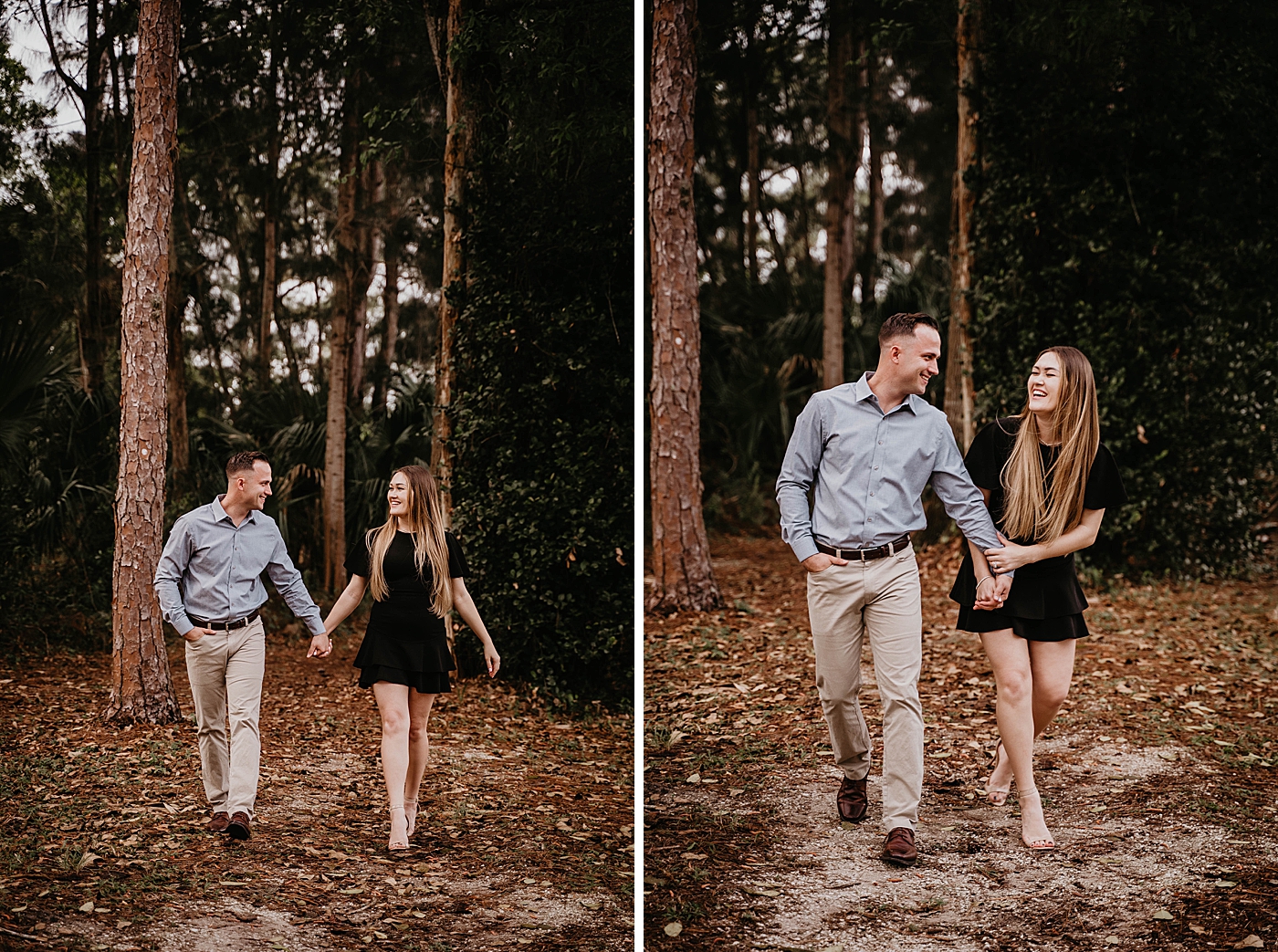 Couple holding hands and looking at each other walking on ground with fall leafs Rustic South Florida Engagement Photography captured by South Florida Engagement Photographer Krystal Capone Photography 