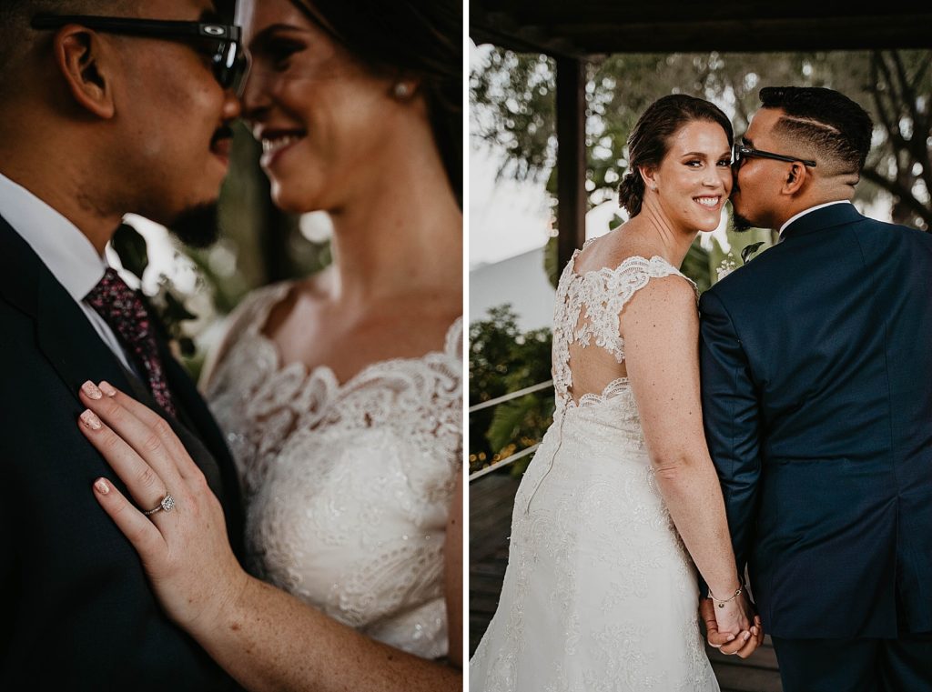 Bride putting hand on Groom's chest showing off engagement ring 94th Aero Squadron Miami Wedding Photography captured by South Florida Engagement Photographer Krystal Capone Photography 
