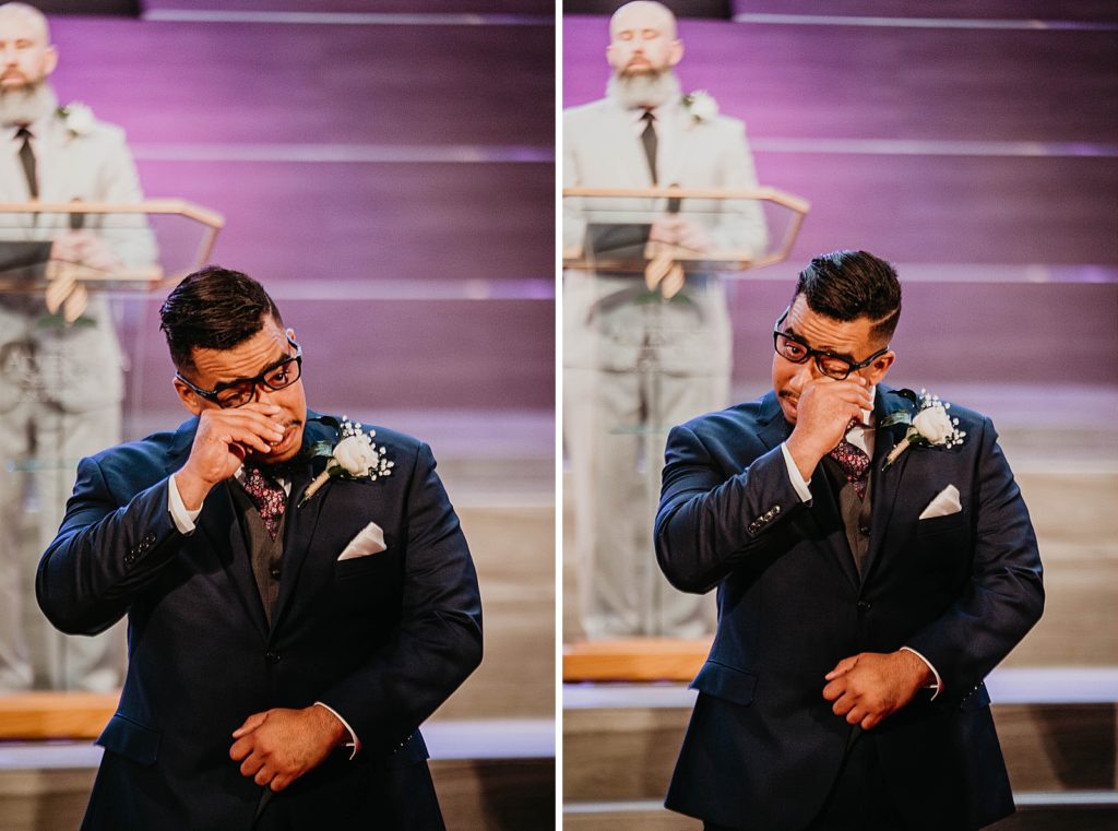 Groom emotional awaiting Bride at Ceremony 94th Aero Squadron Miami Wedding Photography captured by South Florida Engagement Photographer Krystal Capone Photography 