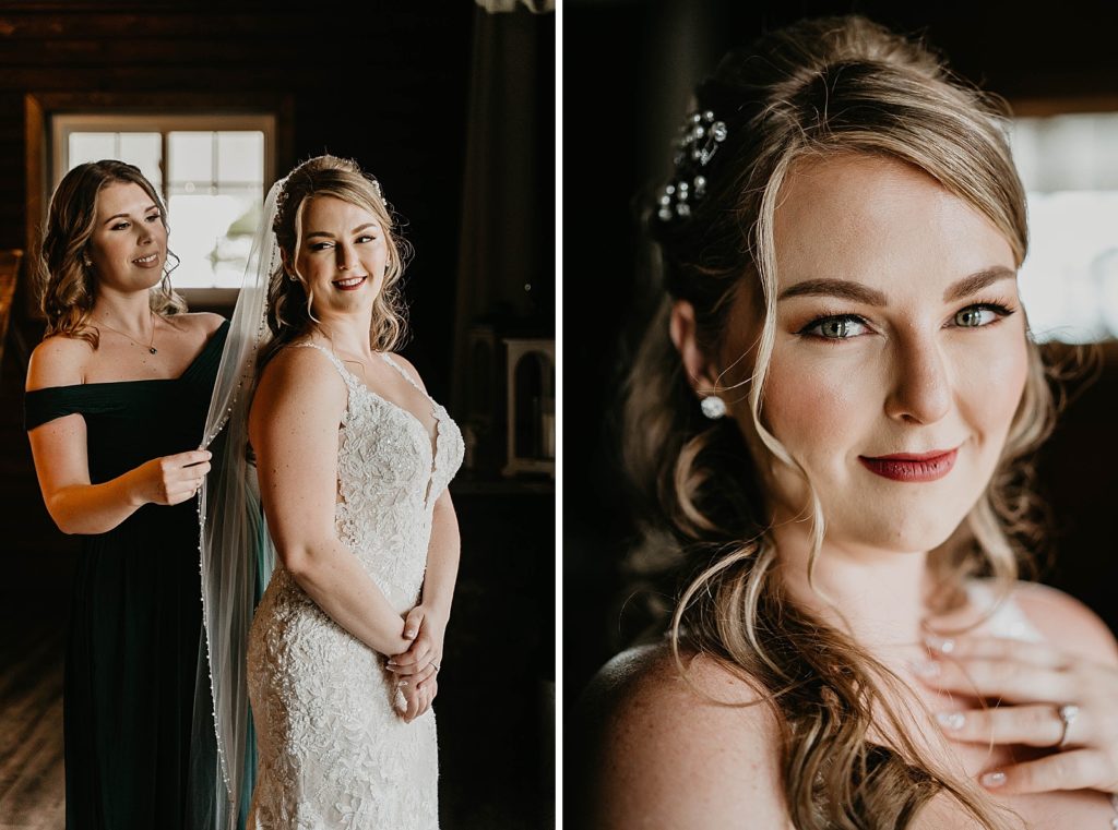 Bride getting ready getting help with veil and closeup up Ever After Farms Wedding Photography captured by South Florida Wedding Photographer Krystal Capone Photography 