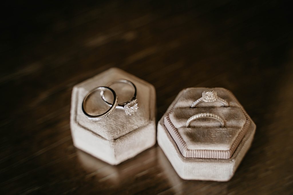Wedding detail shot of engagement rings and wedding bands Hawks Cay Resort Wedding Photography captured by South Florida Wedding Photographer Krystal Capone Photography 