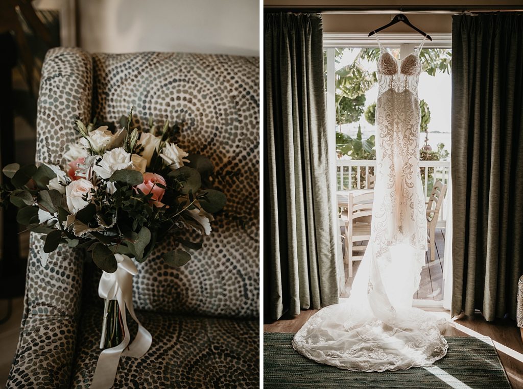 Getting Ready detail shot of Bouquet and wedding dress hanging with the sunlight Hawks Cay Resort Wedding Photography captured by South Florida Wedding Photographer Krystal Capone Photography 