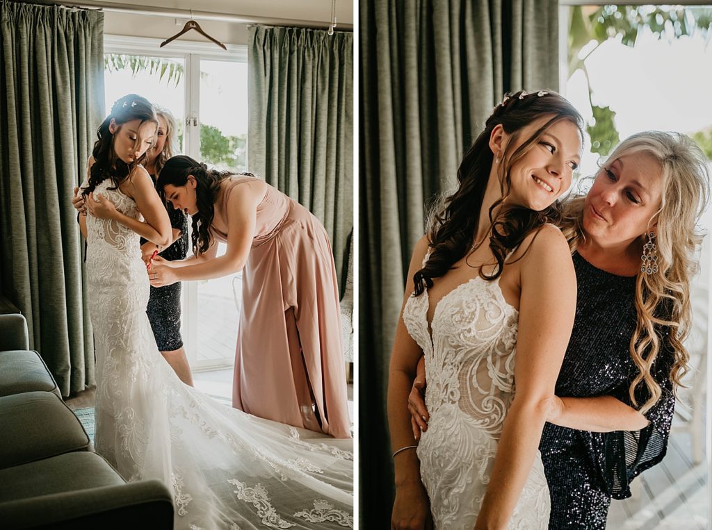 Bride getting ready getting help putting dress on Hawks Cay Resort Wedding Photography captured by South Florida Wedding Photographer Krystal Capone Photography 