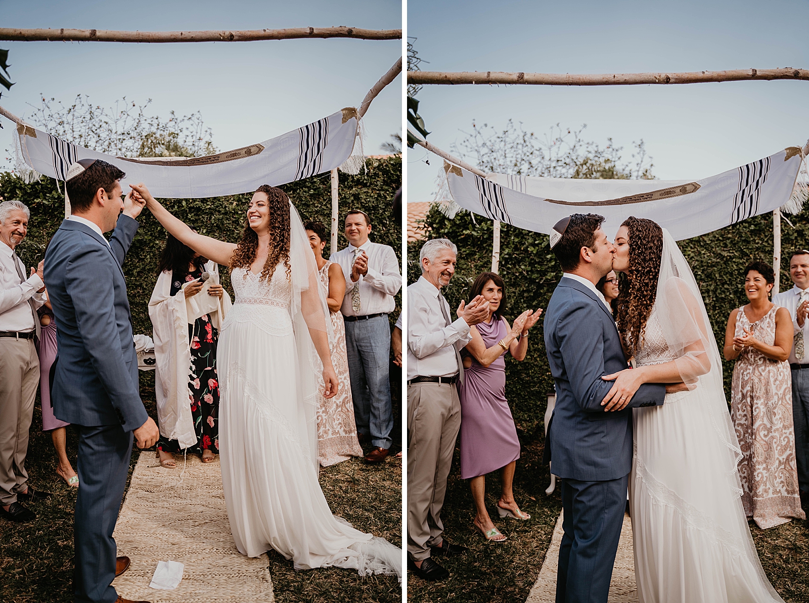 Just married Bride and Groom kissing with Chuppah and parents celebrating Intimate South Florida Wedding Photography captured by South Florida Wedding Photographer Krystal Capone Photography 