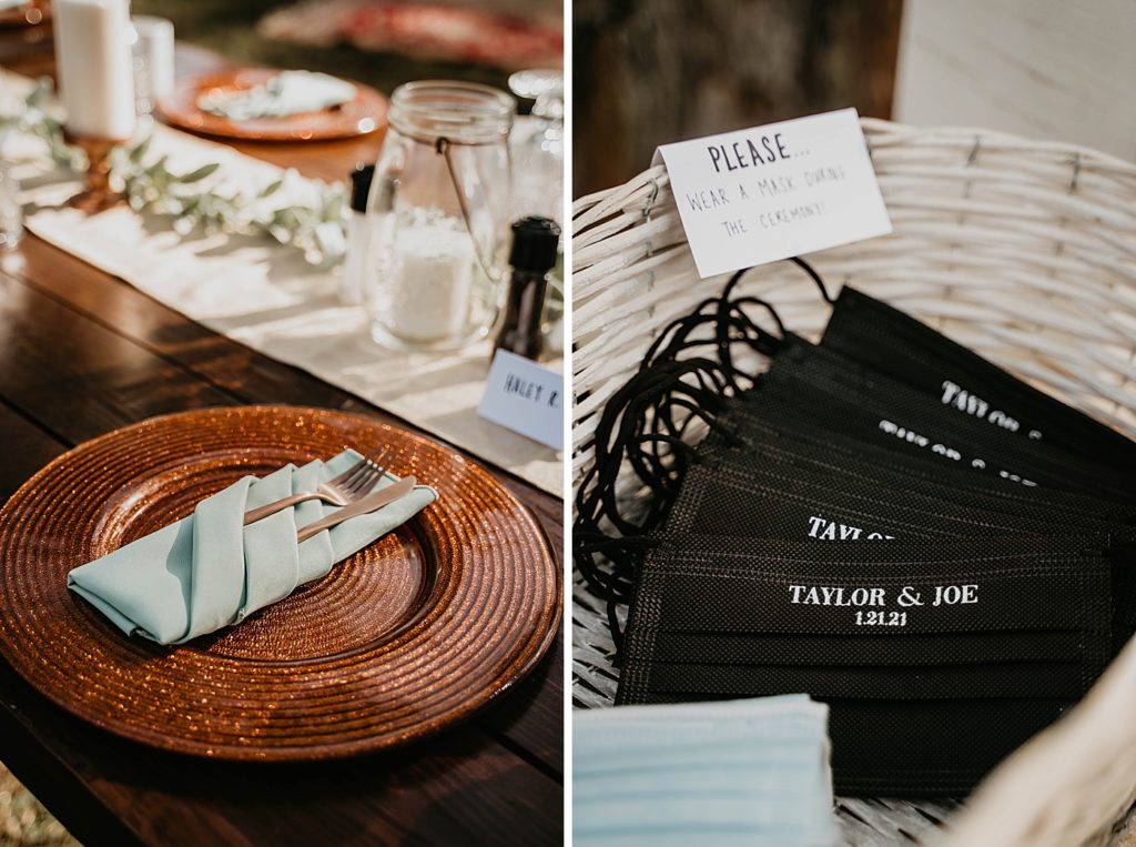 Reception Detail shot of silverware and staying safe COVID-19 wedding masks basket Intimate South Florida Wedding Photography captured by South Florida Wedding Photographer Krystal Capone Photography