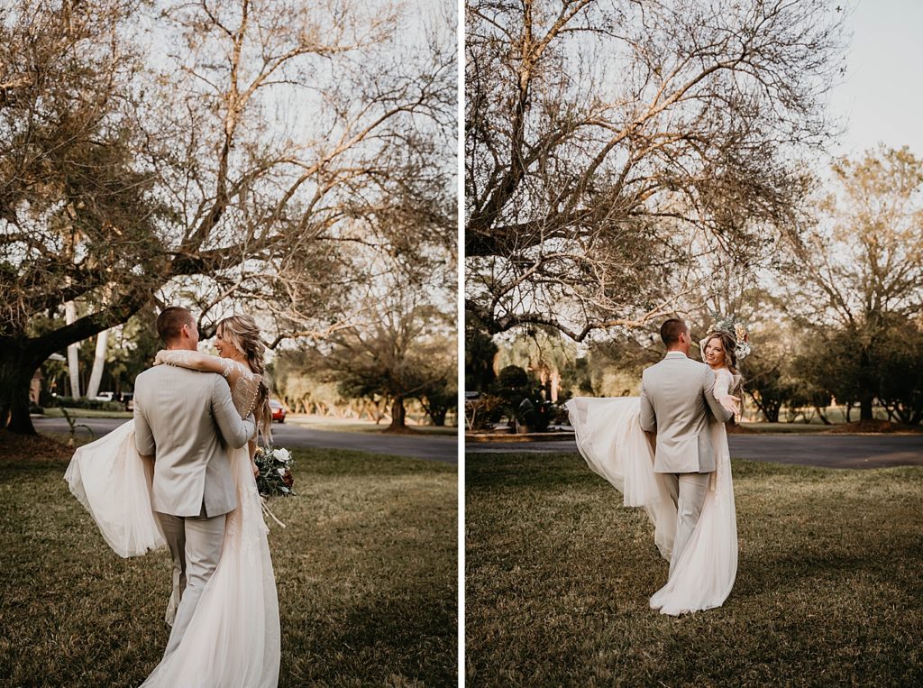 Groom carrying Bride through grass field Intimate South Florida Wedding Photography captured by South Florida Wedding Photographer Krystal Capone Photography