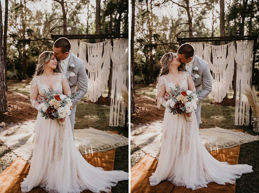 Portraits of Bride and Groom holding each other and kissing by macrame archway Intimate South Florida Wedding Photography captured by South Florida Wedding Photographer Krystal Capone Photography