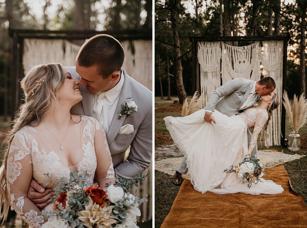 Groom dipping Bride and kissing by Macrame archway Intimate South Florida Wedding Photography captured by South Florida Wedding Photographer Krystal Capone Photography