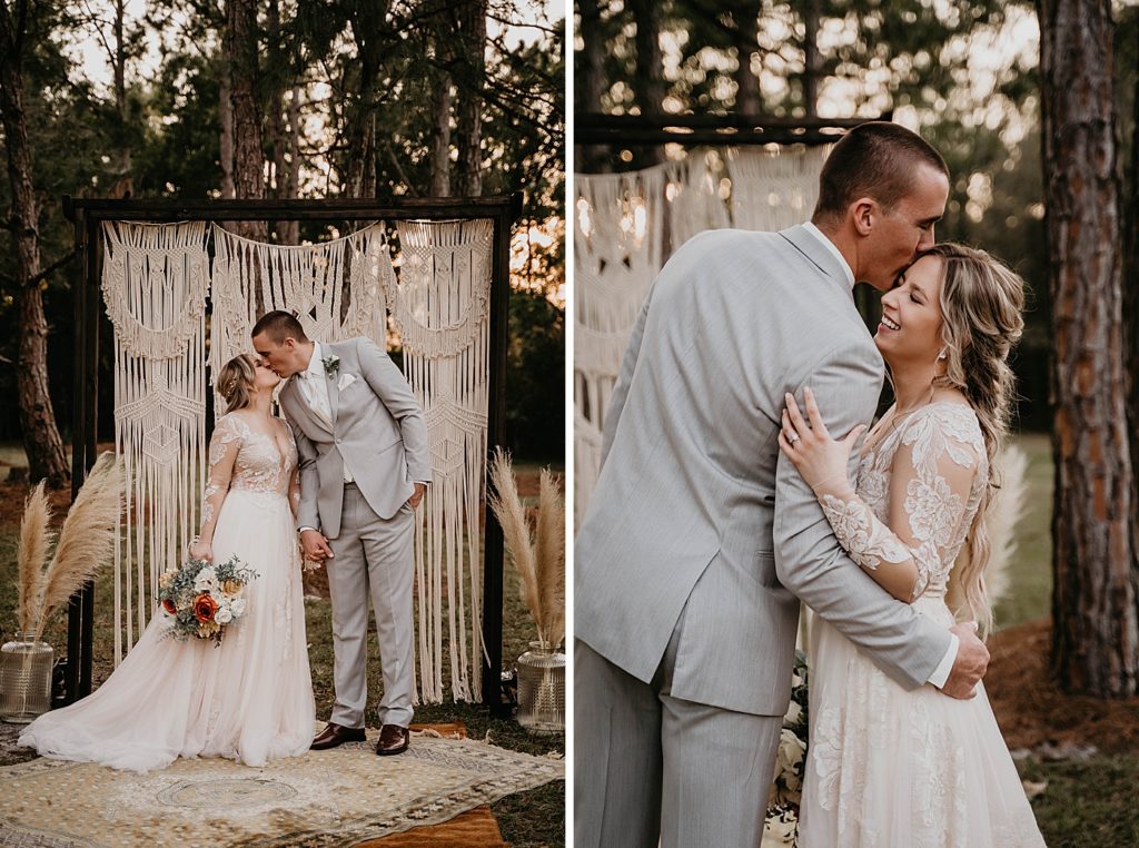 Bride and Groom kissing after ceremony by Macrame archway Intimate South Florida Wedding Photography captured by South Florida Wedding Photographer Krystal Capone Photography