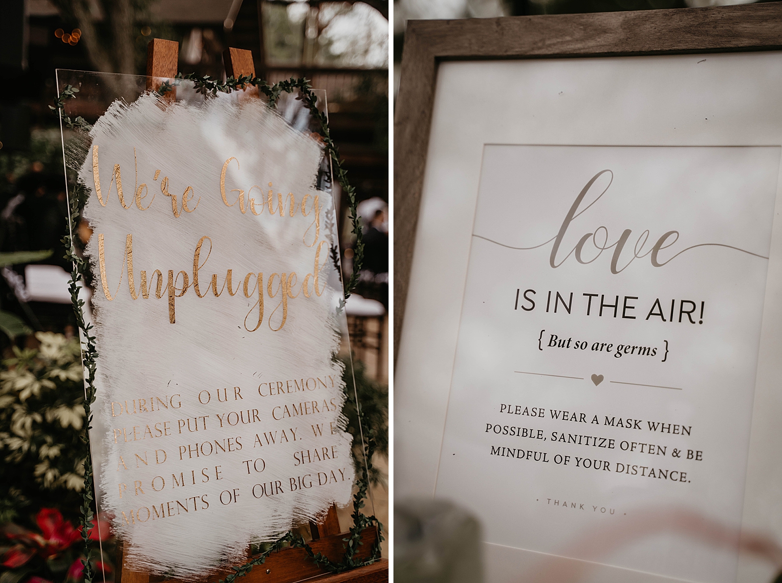 Wedding detail shot of "We're Going Unplugged" Ceremony sign and fight COVID-19 stay safe wear a mask social distance sign Living Sculptures Sanctuary Wedding Photography captured by South Florida Wedding Photographer Krystal Capone Photography