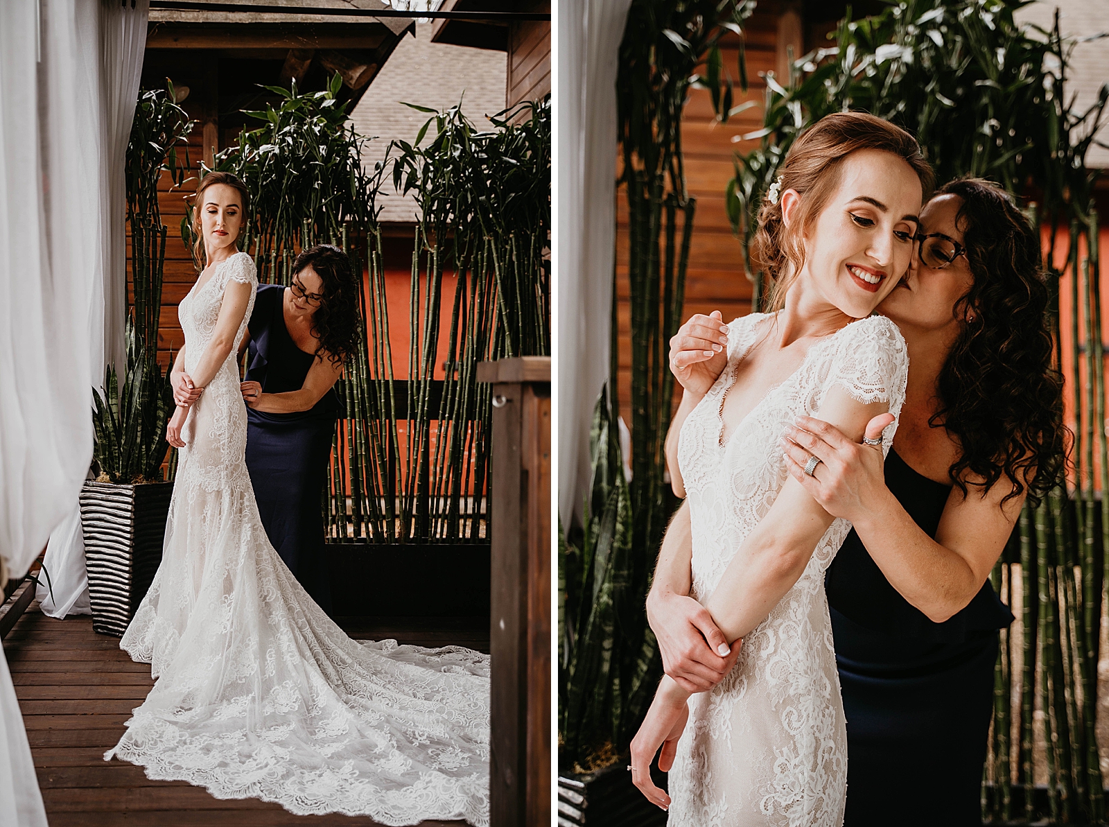 Bride getting ready getting help from mother putting her dress on button up Living Sculptures Sanctuary Wedding Photography captured by South Florida Wedding Photographer Krystal Capone Photography