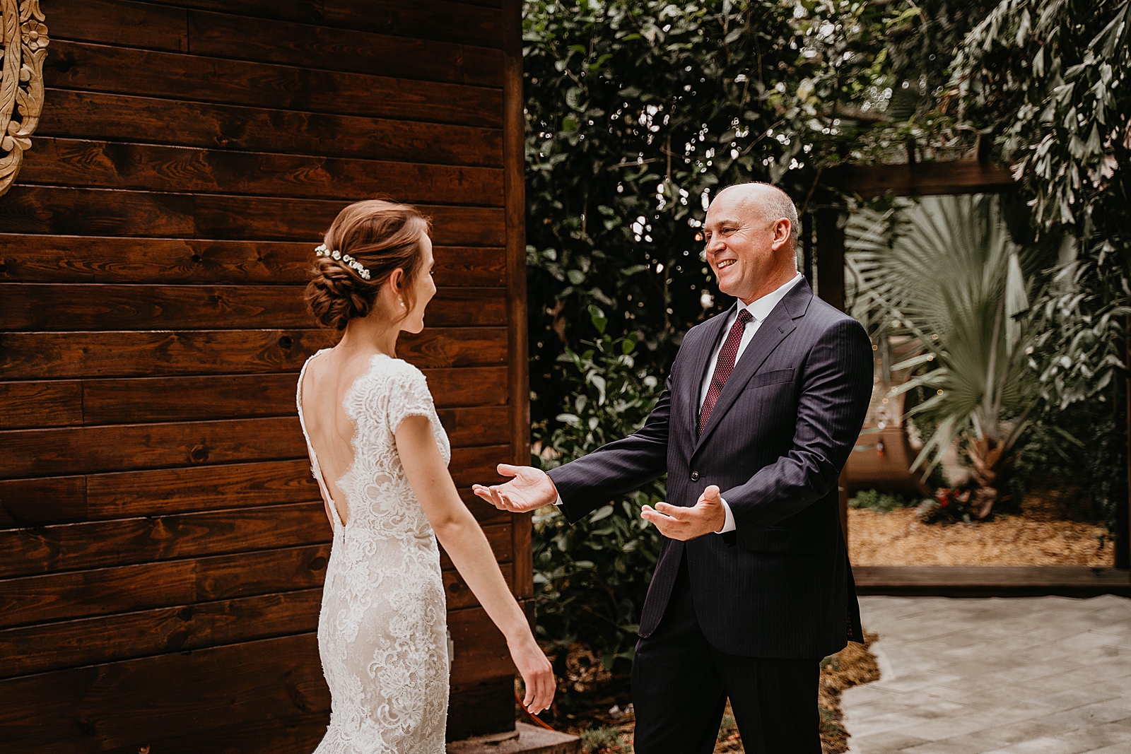 Father reacting to Bride in wedding dress Living Sculptures Sanctuary Wedding Photography captured by South Florida Wedding Photographer Krystal Capone Photography