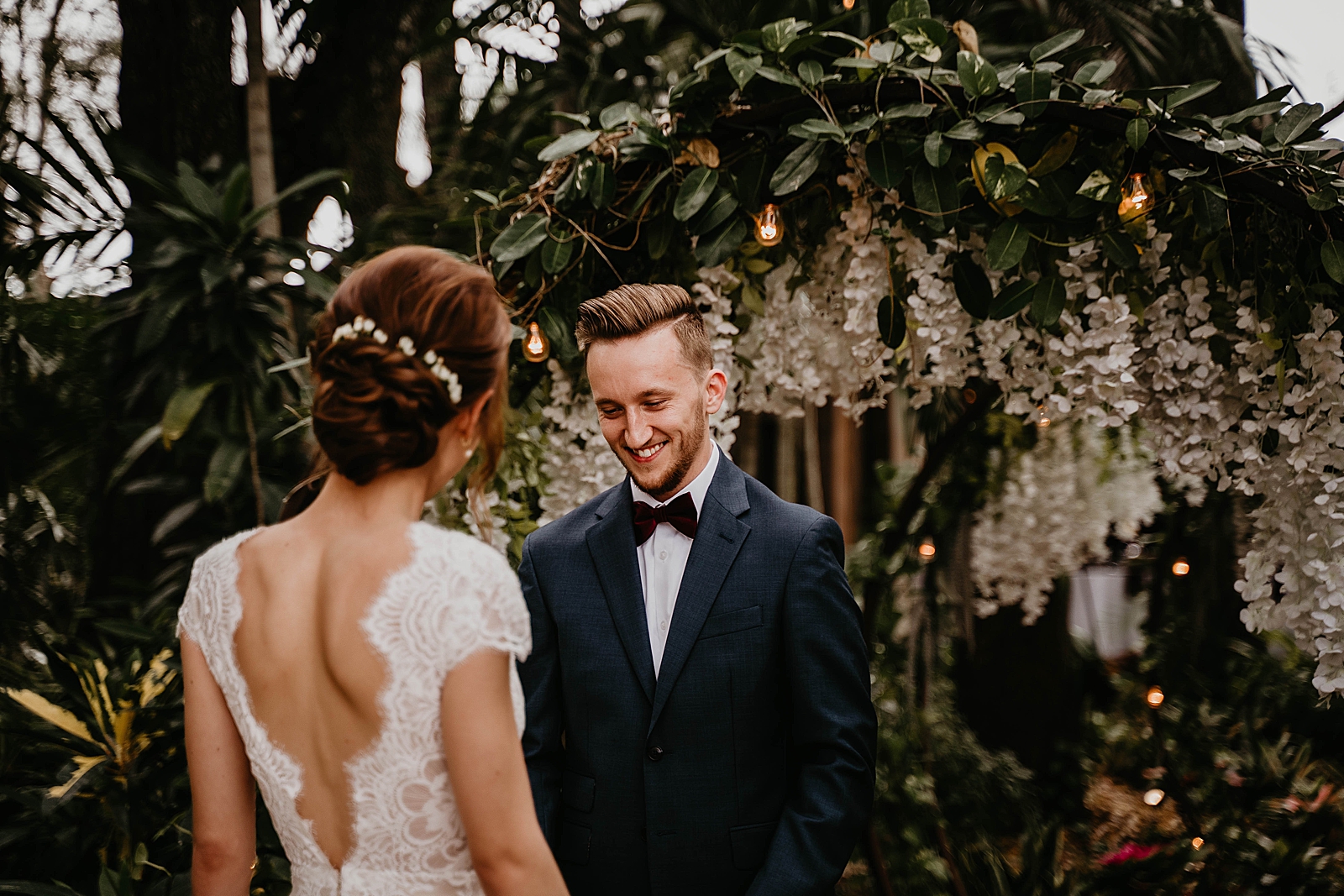 Groom's reaction to seeing Bride for First Look Living Sculptures Sanctuary Wedding Photography captured by South Florida Wedding Photographer Krystal Capone Photography