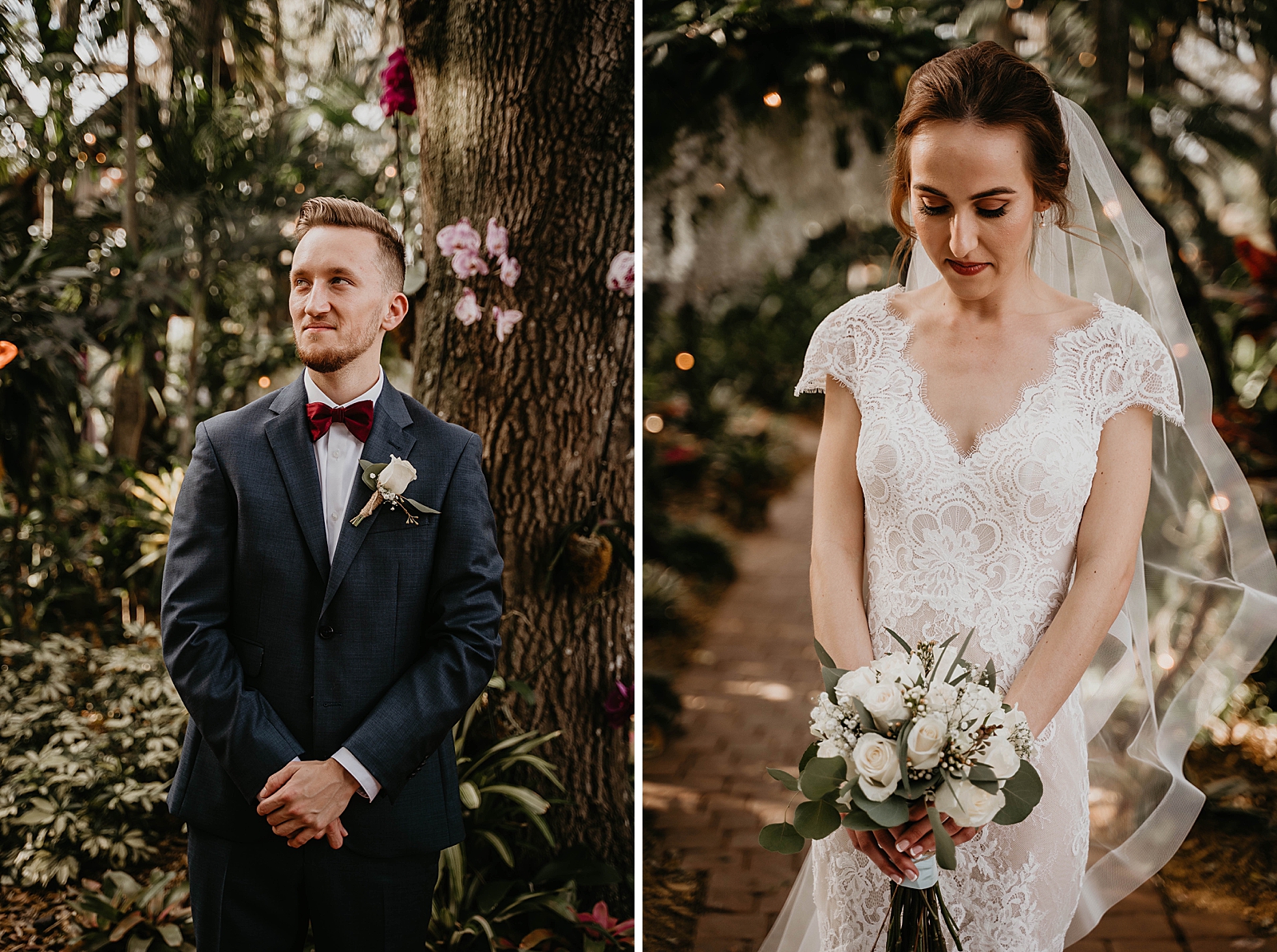Individual Bride and Groom portraits with white boutonniere and bouquet in garden area Living Sculptures Sanctuary Wedding Photography captured by South Florida Wedding Photographer Krystal Capone Photography