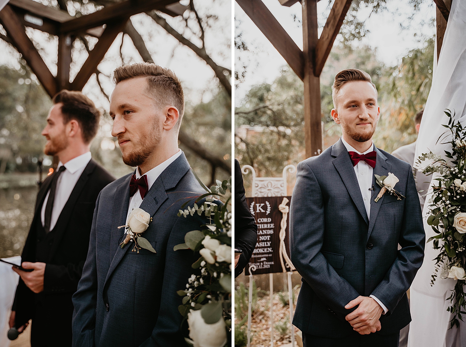 Groom awaiting Bride at the alter waiting for Bride with white boutonniere Living Sculptures Sanctuary Wedding Photography captured by South Florida Wedding Photographer Krystal Capone Photography