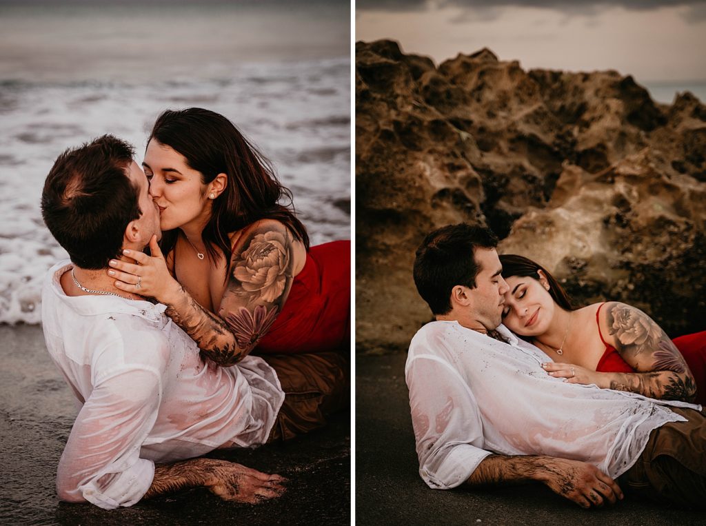 Couple kissing and cuddling on the beach Palm Beach Engagement Photography captured by South Florida Engagement Photographer Krystal Capone Photography 