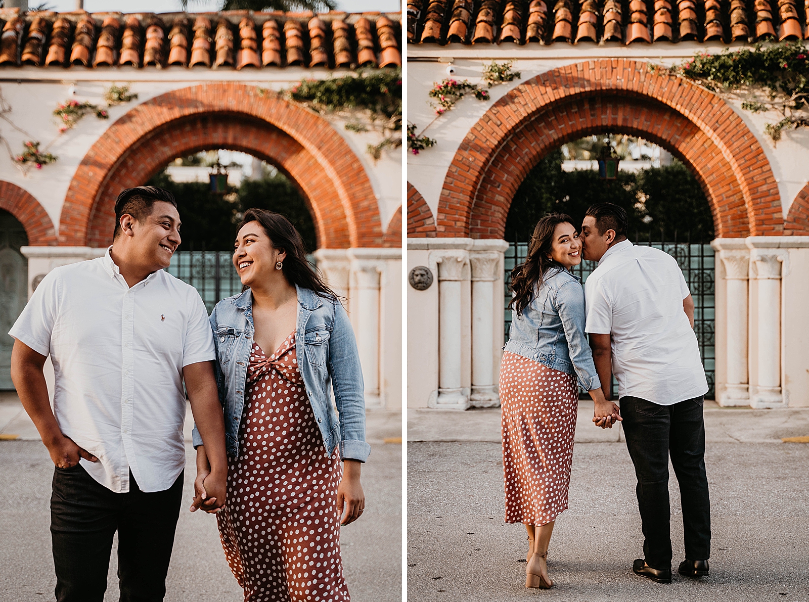 Couple holding hands looking at each other. Man kisses lady on the cheek as she looks behind Palm Beach Island Engagement Photography captured by South Florida Engagement Photographer Krystal Capone Photography 