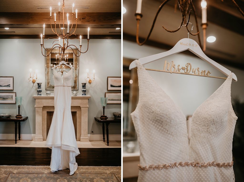 Detail shot of wedding hanging on personalized coat hanger Pelican Club Wedding Photography captured by South Florida Wedding Photographer Krystal Capone Photography 