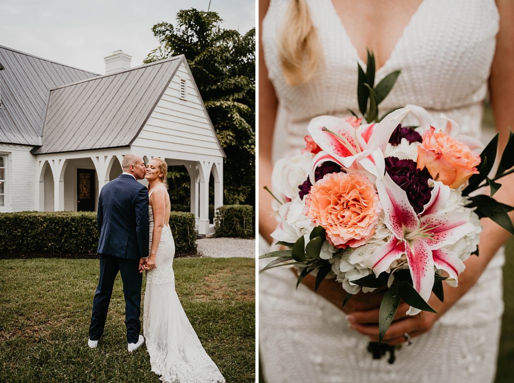 Groom kissing Bride and closeup of Bride holding colorful and white tropical bouquet The Lake House Fort Pierce Wedding Photography captured by South Florida Wedding Photographer Krystal Capone Photography 