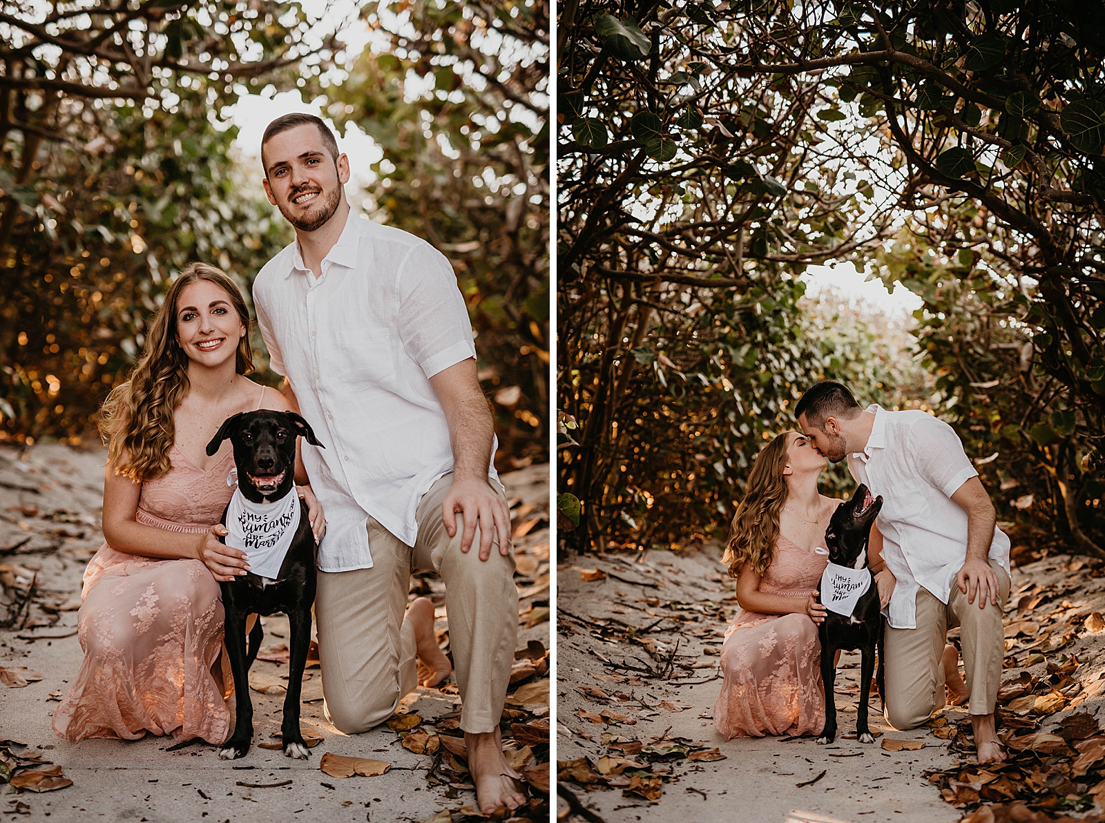Couple crouching down with dog and kissing each other