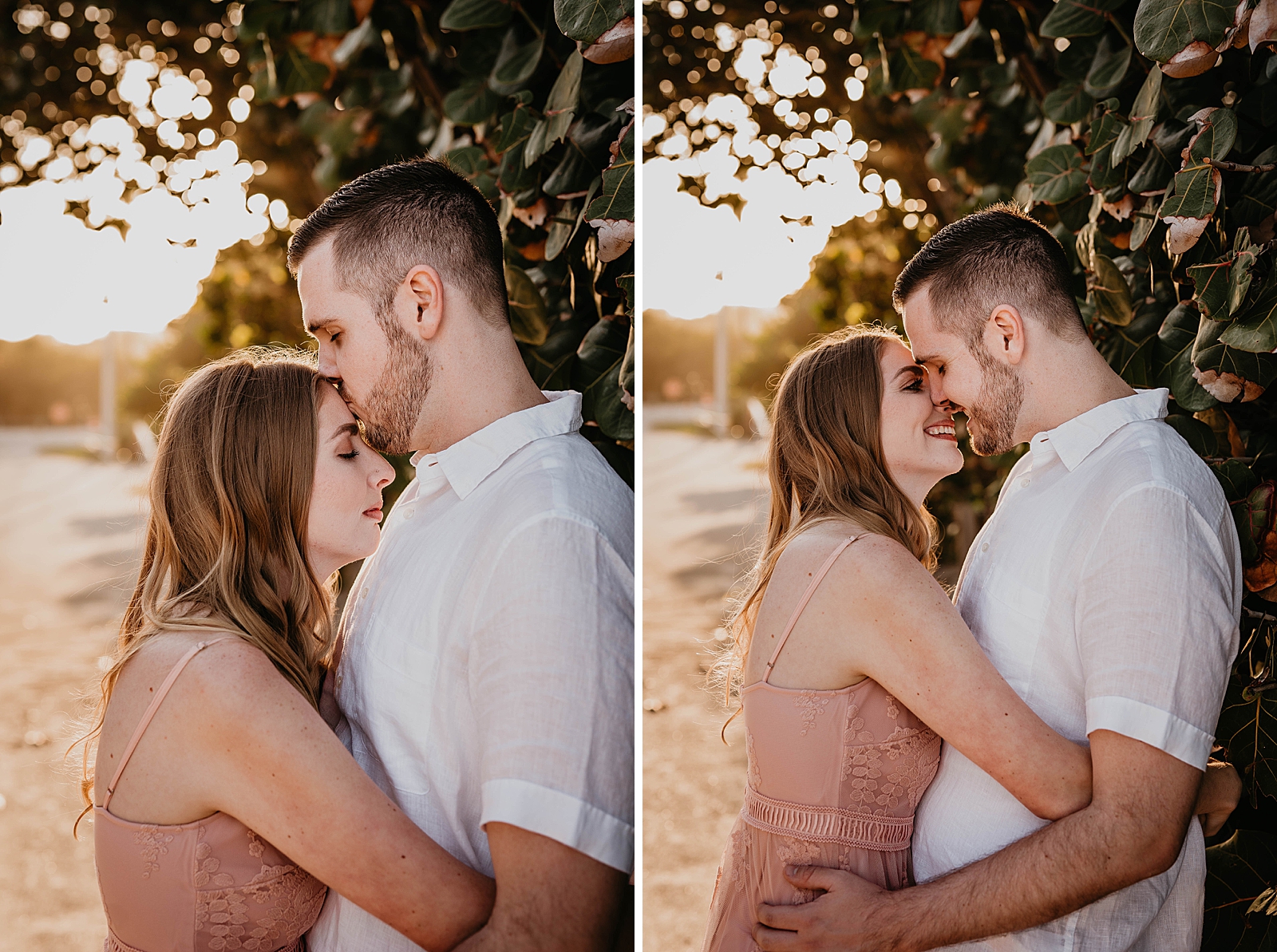 Man kissing lady on her forehead by the sunset