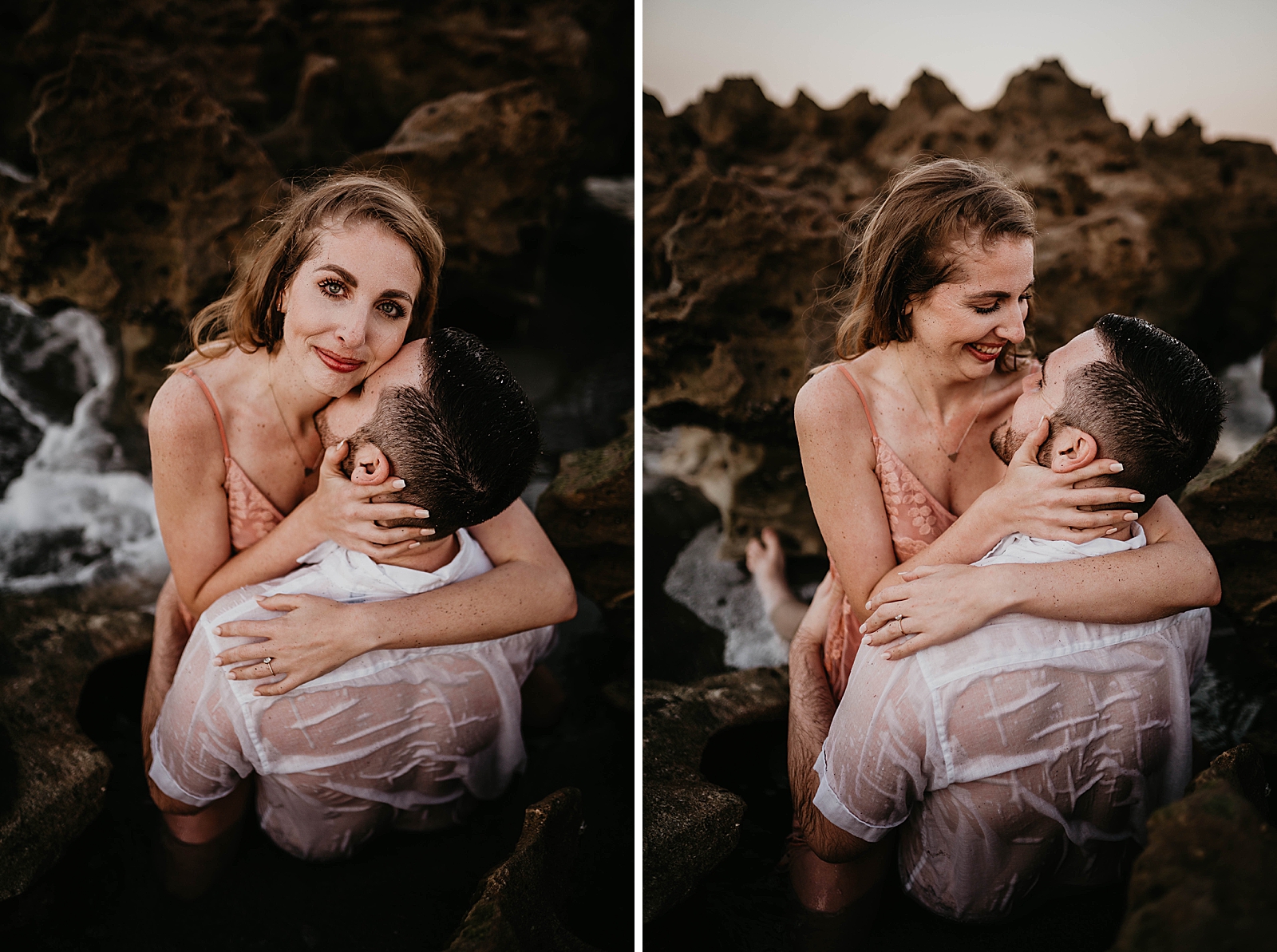 Man holding woman in the water