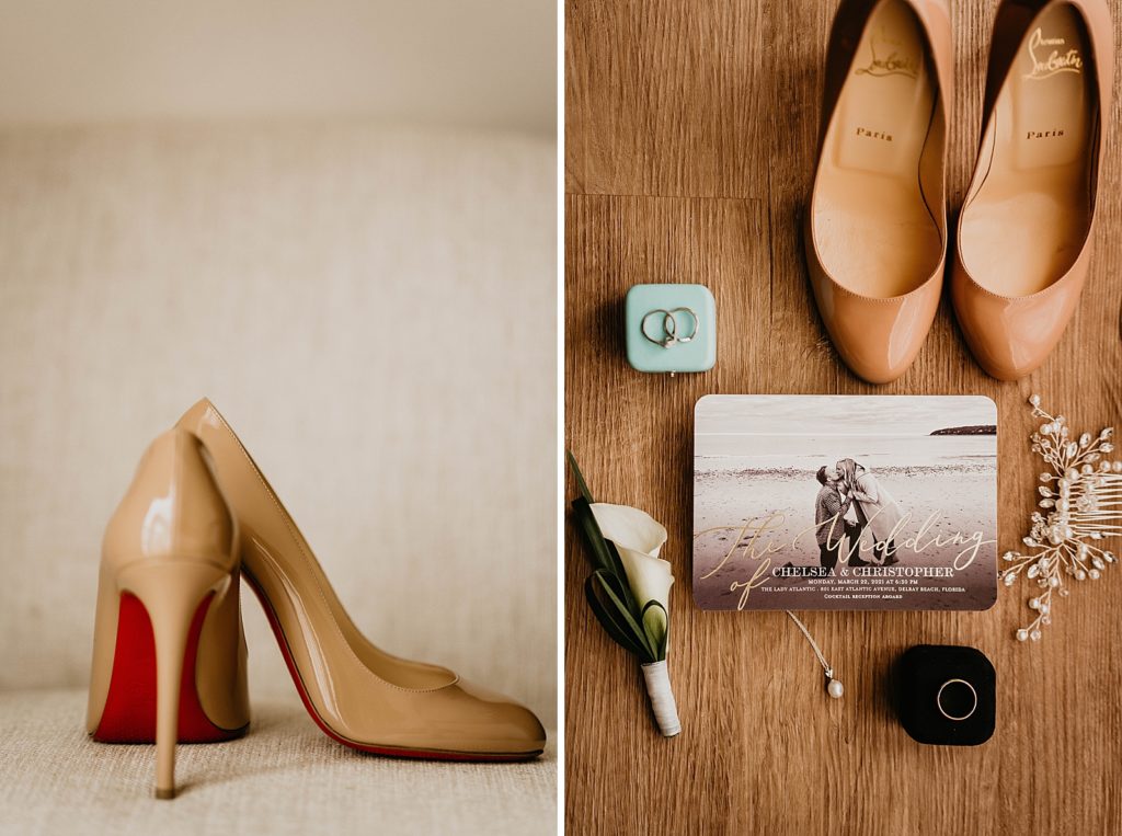 Detail shot of Paris heels wedding bands and engagement ring