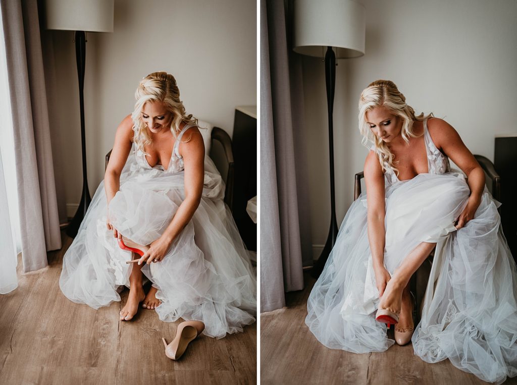 Bride Getting ready putting heels on 