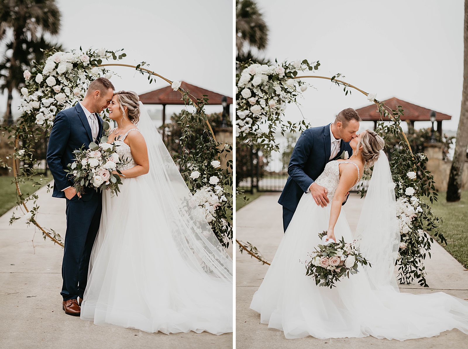 Bride and Groom resting their heads against each other and kissing in front of circular wedding arch