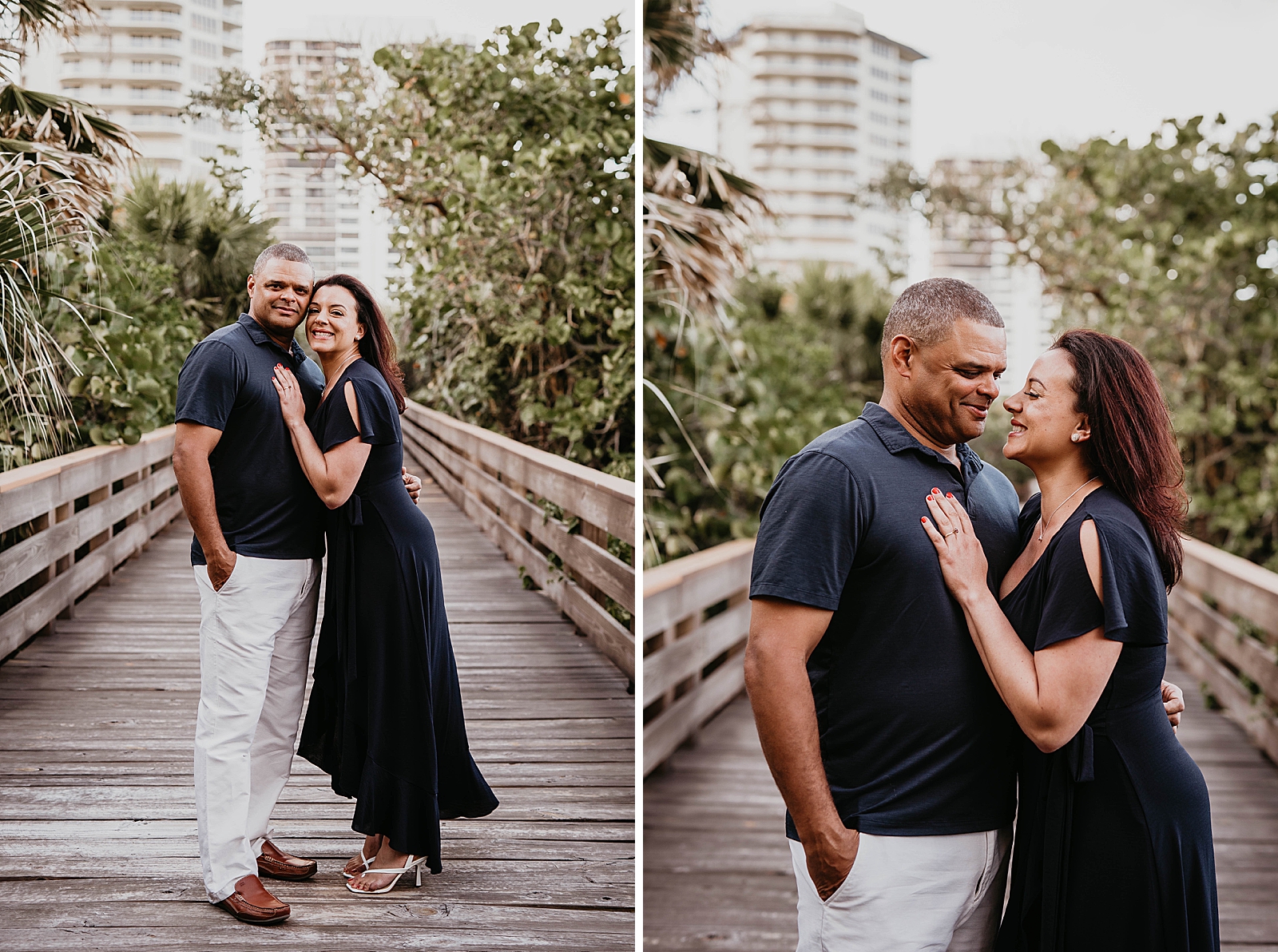 Husband and wife holding each other close on the bridge