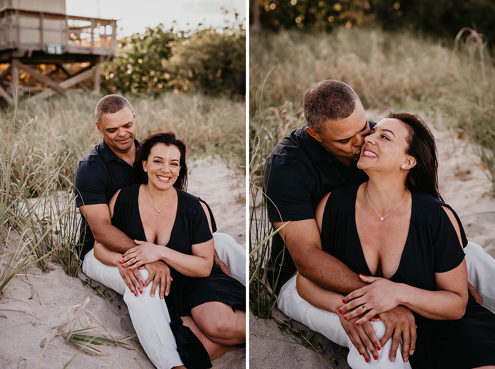 Husband kissing wife on the cheek sitting on the sand