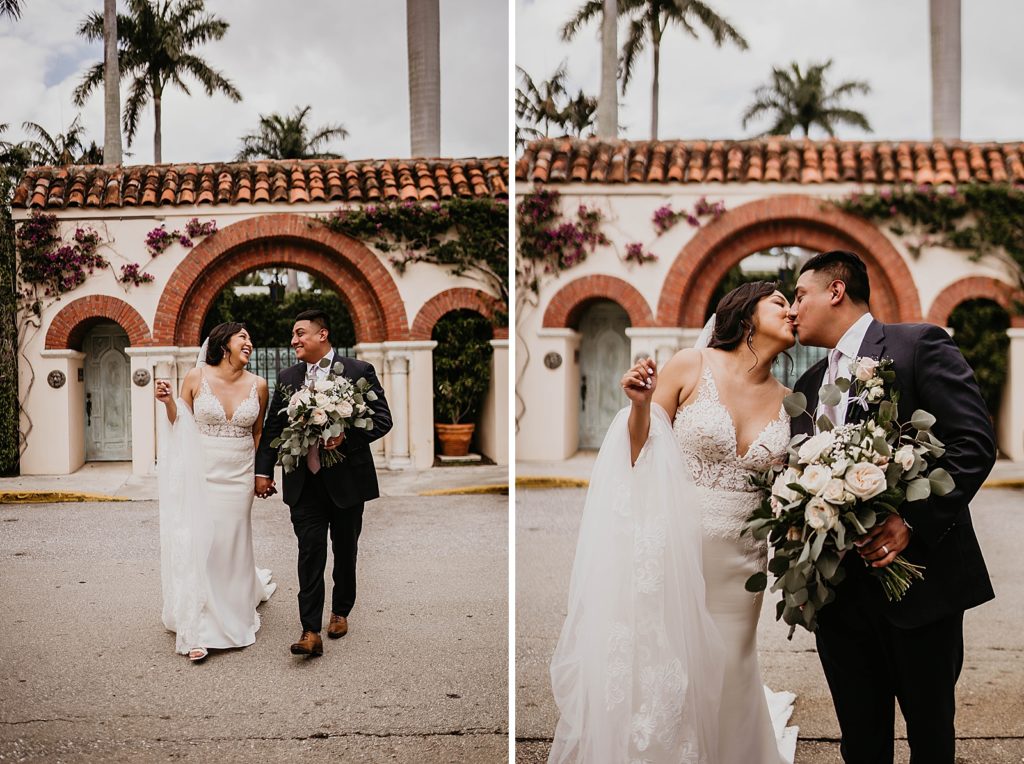 Bride and Groom holding hands crossing the street
