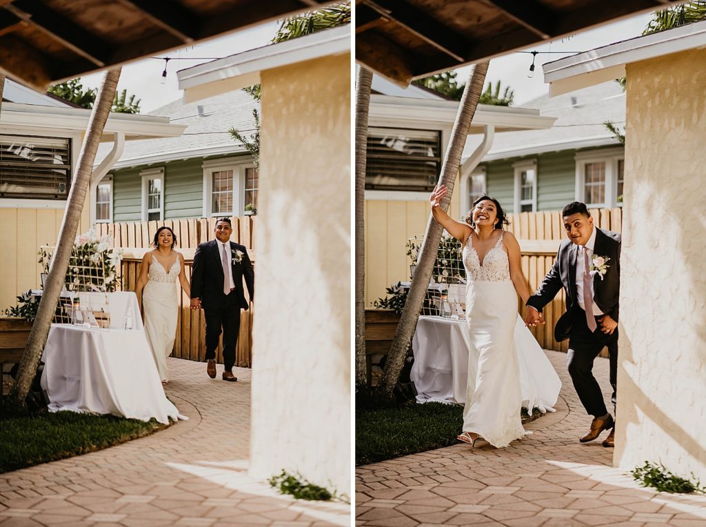 Bride and Groom entering Reception holding hands
